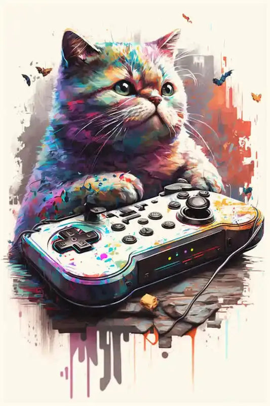 Video Game Player Cat Painting Style Wall Poster - Item - EASITEM